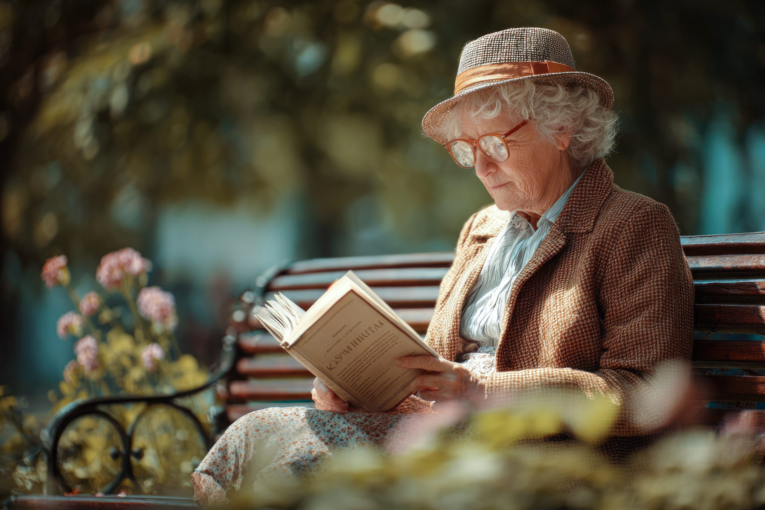 Femme senior lisant un livre en extérieur, illustrant le confort de lecture au quotidien