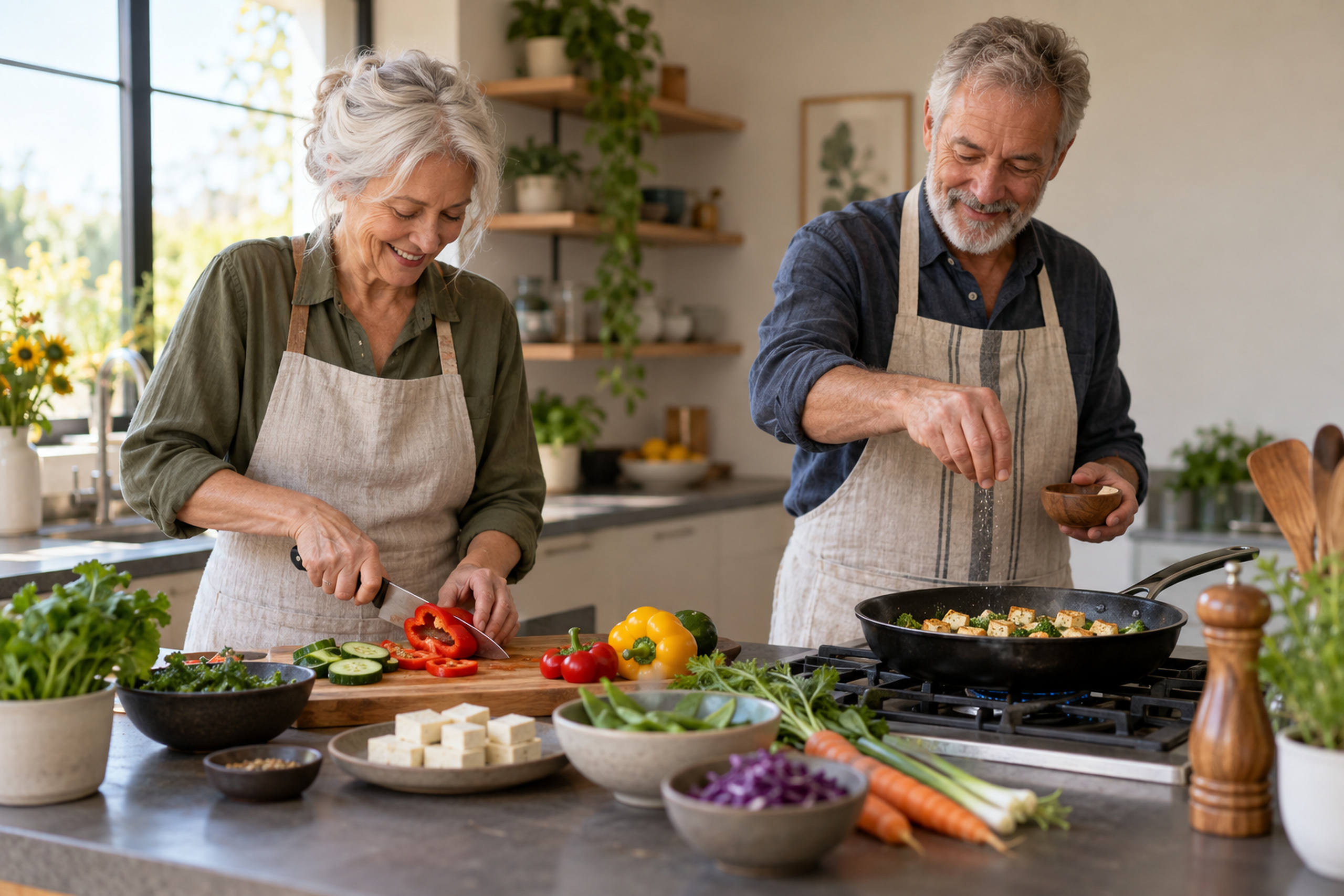 Couple senior préparant un repas sain et équilibré