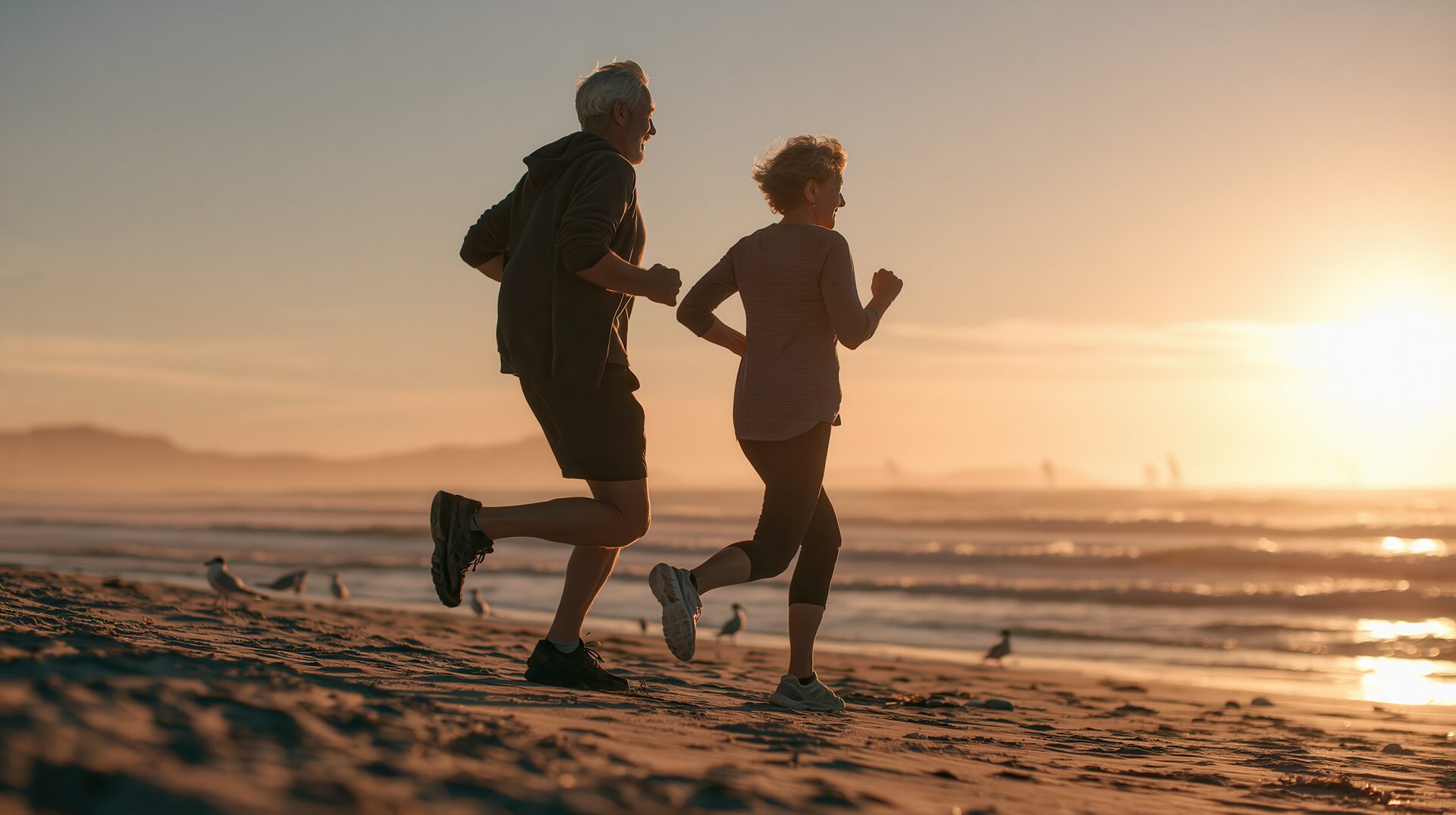 Couple senior marchant sur la plage au coucher du soleil