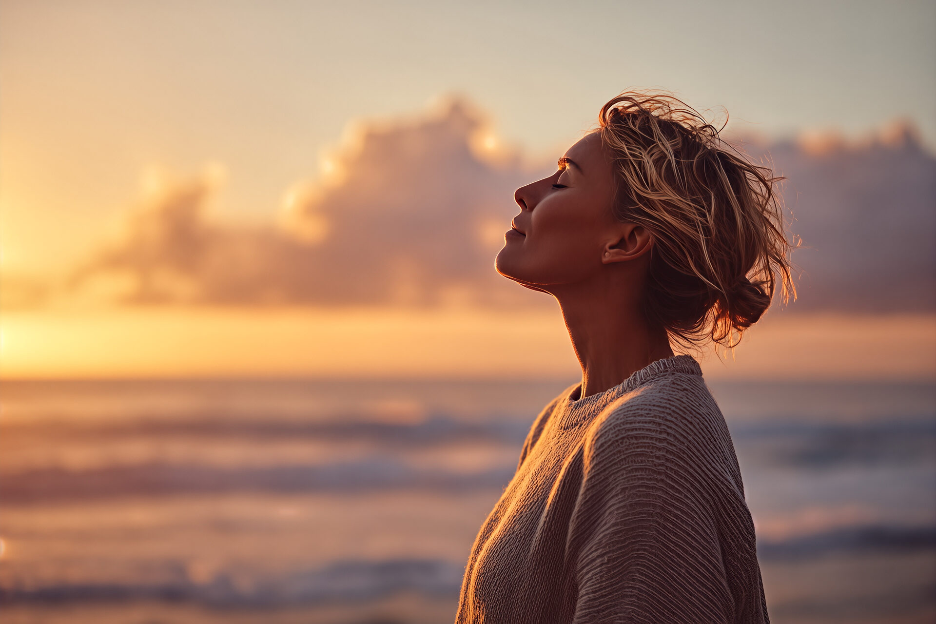 Femme respirant l'air marin au coucher du soleil, moment de bien-être
